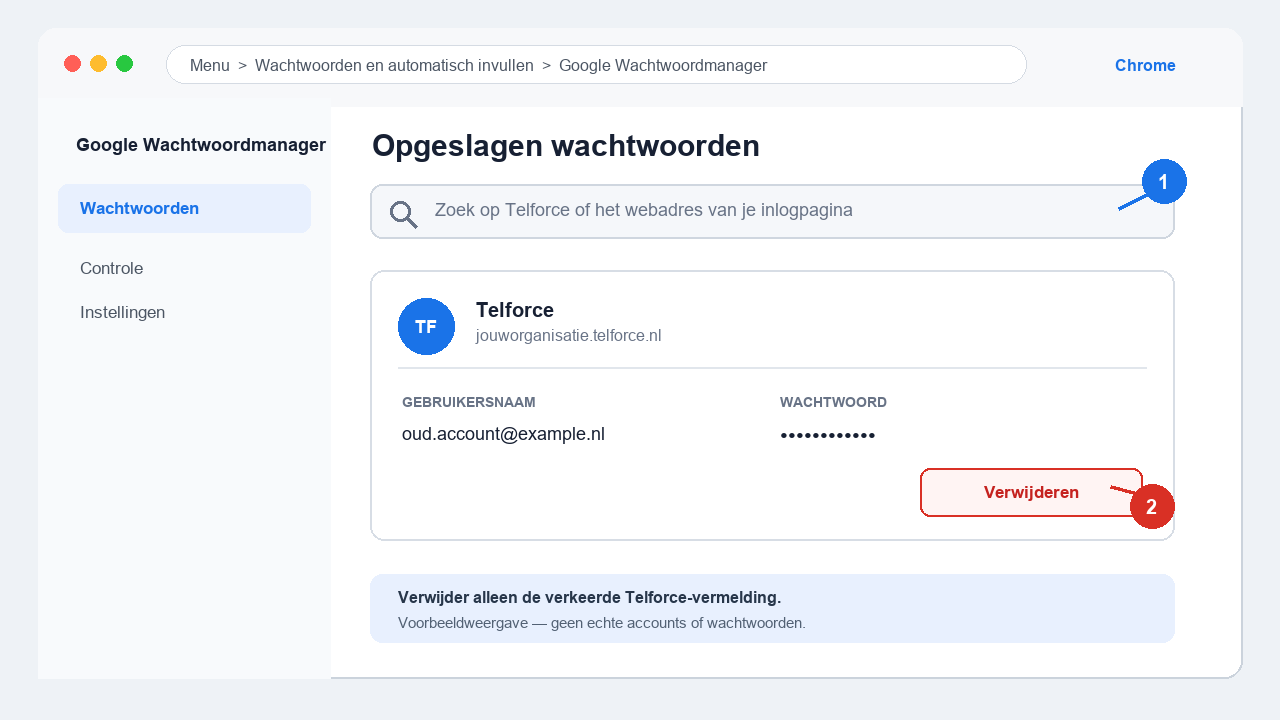 Voorbeeld van het verwijderen van een verkeerde Telforce-vermelding in Google Chrome