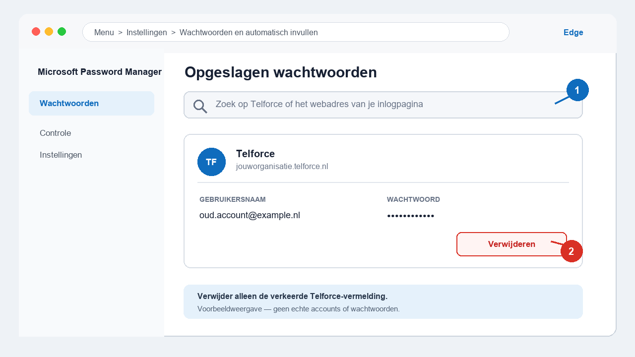 Voorbeeld van het verwijderen van een verkeerde Telforce-vermelding in Microsoft Edge