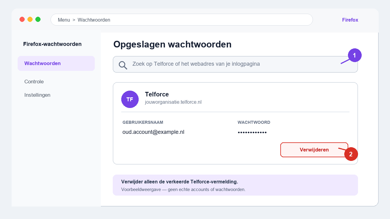 Voorbeeld van het verwijderen van een verkeerde Telforce-vermelding in Mozilla Firefox