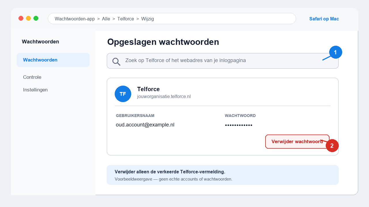 Voorbeeld van het verwijderen van een verkeerde Telforce-vermelding voor Safari op een Mac